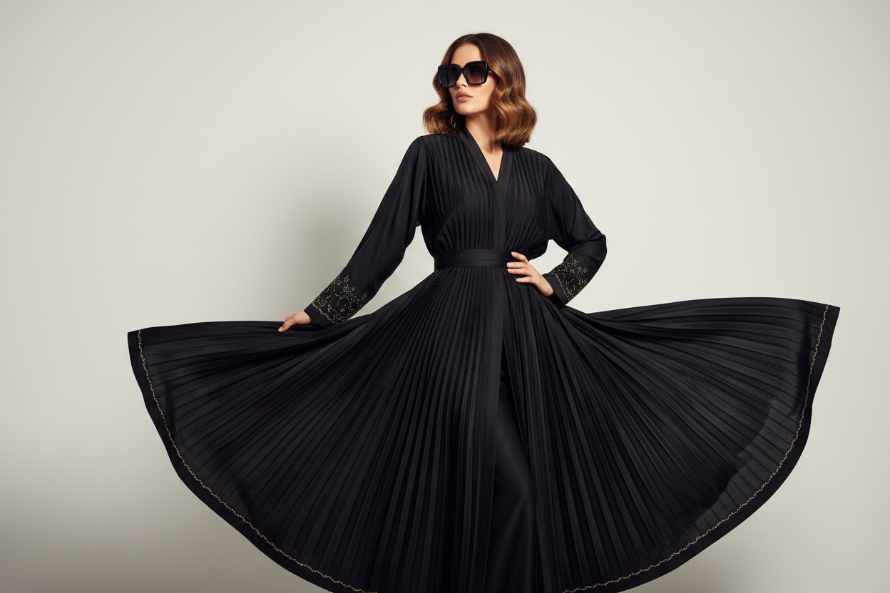 une femme élégante en mode mannequin qui porte une abaye avec des lunettes noire et coiffé avec des wavy 